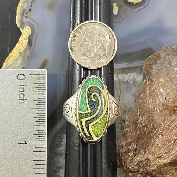 Carolyn Pollack Sterling Green Turquoise & Lapis Chip Inlay Oval Ring For Women - Picture 9 of 10